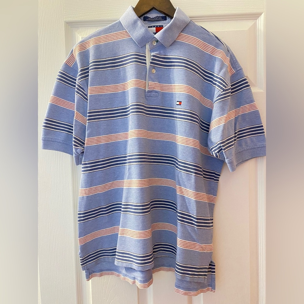 Men’s Short Sleeve Polo Shirt Tommy Hilfiger Blue White Stripes